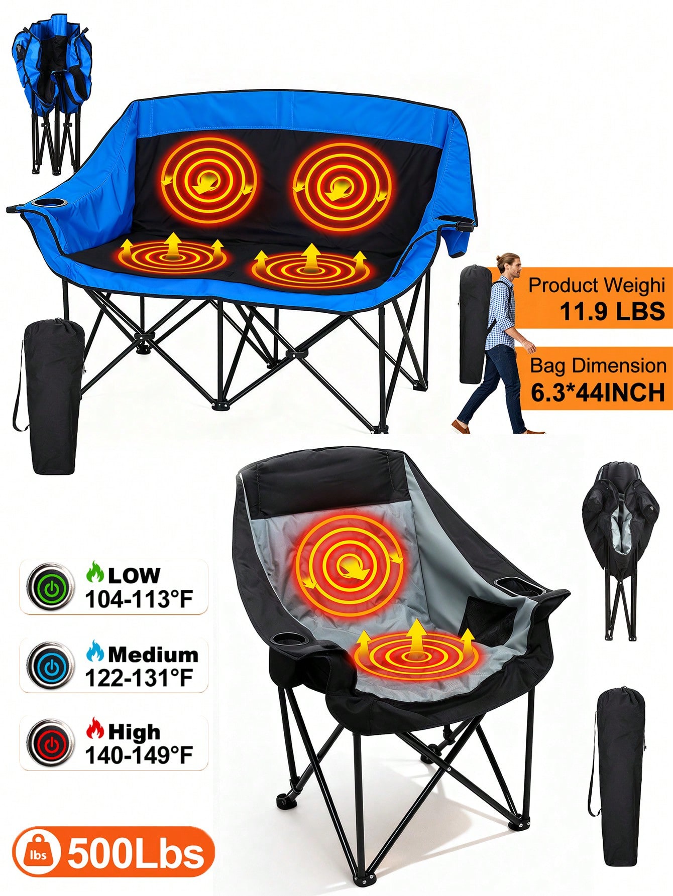Outdoor Oversized Camping Chair - Chaise de camping double chauffante, chaises